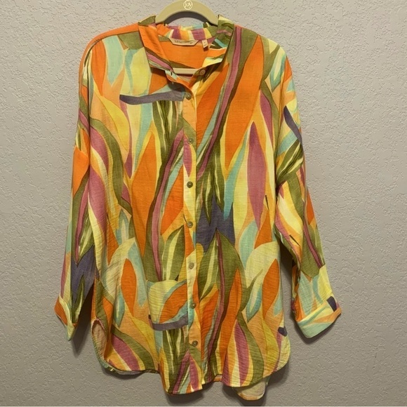 Soft Surroundings Button Up Long Sleeves Cotton Abstract Top - Picture 1 of 11